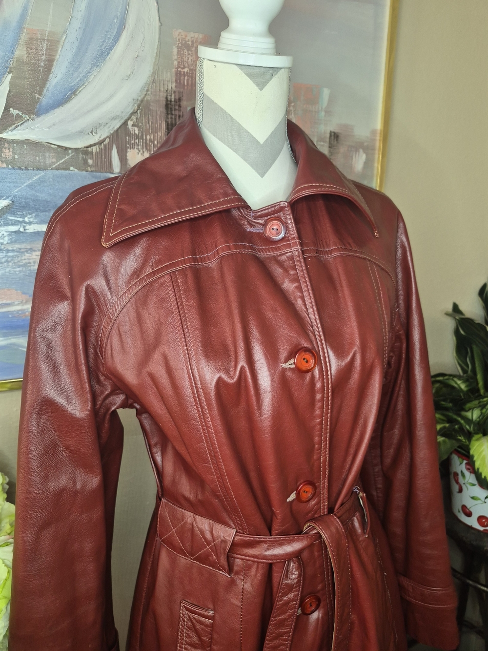 Vintage Red Leather Women's Trench Coat - Picture 3 of 10